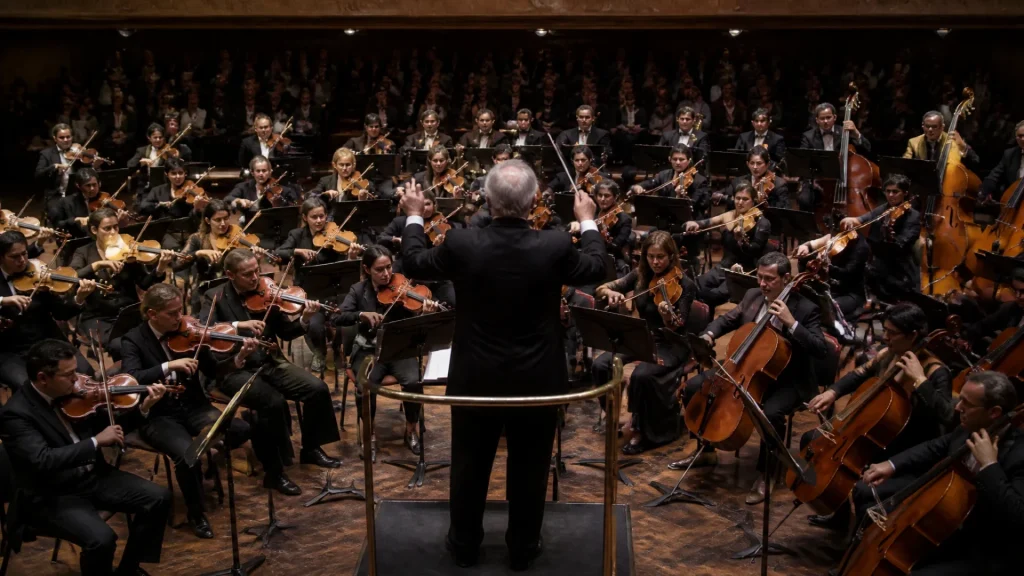 Quelle famille d’instruments est placée devant le chef d’orchestre ?